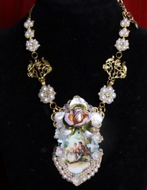 SOLD! 8479 Bridal Rococo Paintings Francois Boucher Hand Painted Massive Statement Necklace