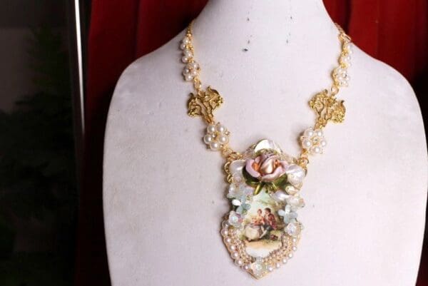SOLD! 8479 Bridal Rococo Paintings Francois Boucher Hand Painted Massive Statement Necklace - Image 3
