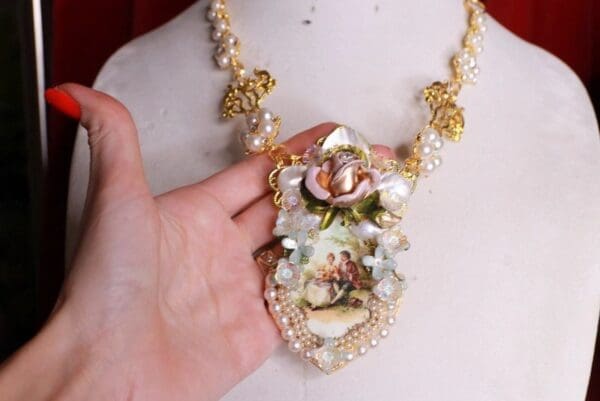 SOLD! 8479 Bridal Rococo Paintings Francois Boucher Hand Painted Massive Statement Necklace - Image 4