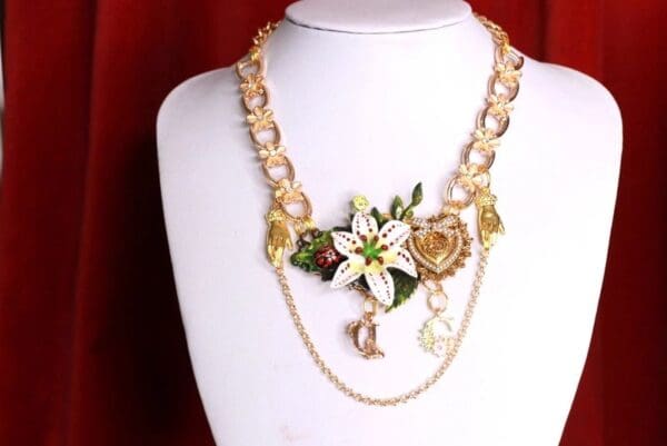 SOLD! 8483 Runway Baroque Enamel Lily Heart Elegant Necklace