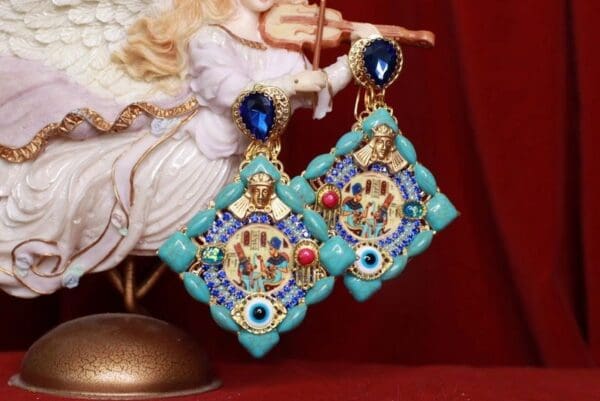 SOLD! 8488 Egyptian Revival Massive Turquoise Color Earrings
