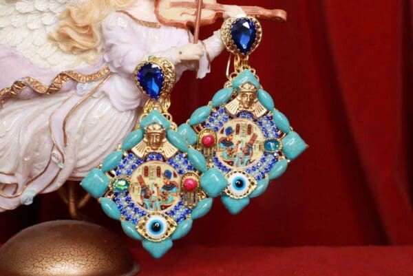 SOLD! 8488 Egyptian Revival Massive Turquoise Color Earrings - Image 2