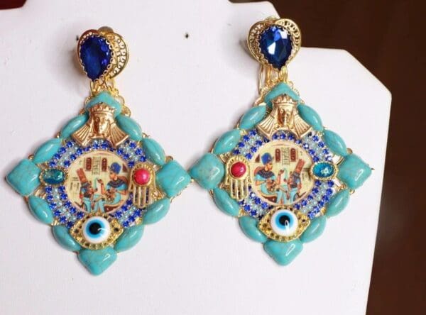 SOLD! 8488 Egyptian Revival Massive Turquoise Color Earrings - Image 3