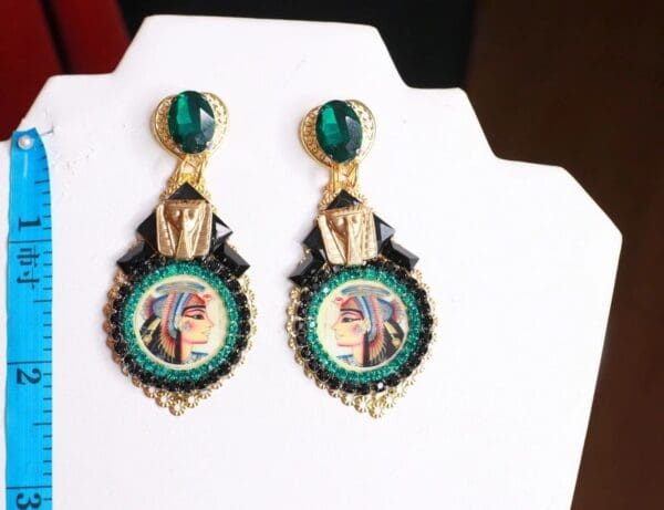 SOLD! 8489 Egyptian Revival Cleopatra Massive Turquoise Color Earrings - Image 4