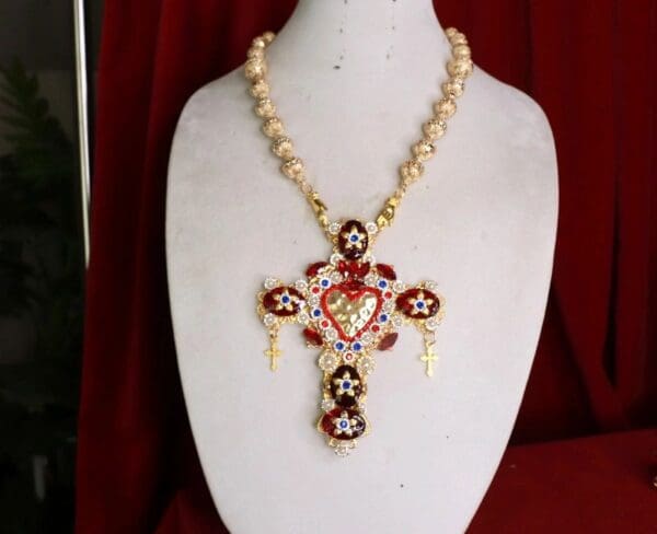 SOLD! 8504 Baroque Huge Red Rhinestones Sacred Heart Cross Necklace - Image 2