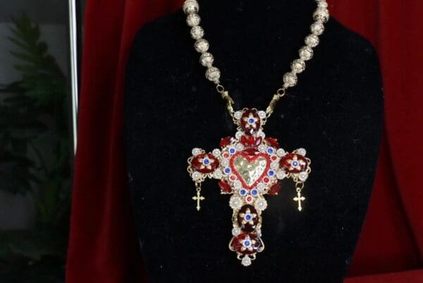 SOLD! 8504 Baroque Huge Red Rhinestones Sacred Heart Cross Necklace - Image 7