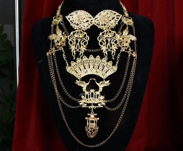 SOLD! 8510 Japanese Cranes Fan Faces Hands Long Massive Necklace