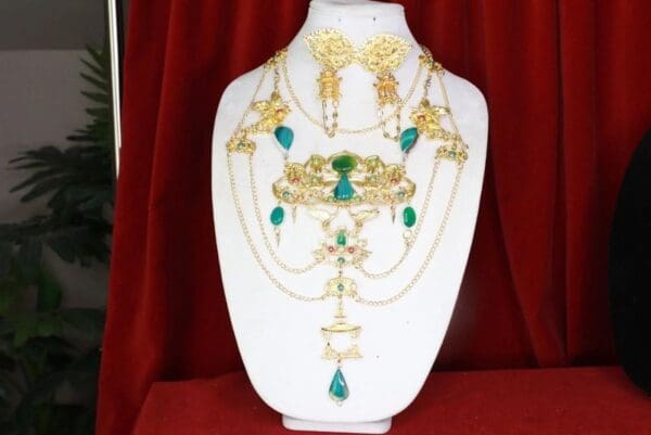 SOLD! 8511 Japanese Cranes Fan Faces Genuine Lace Onyx Long Massive Necklace - Image 7