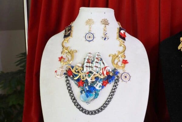 SOLD! 8515 Set Of Nautical ship 3D Effect Genuine Opal Massive Necklace+ Earrings - Image 7