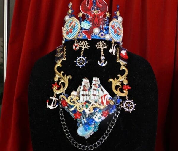 SOLD! 8515 Set Of Nautical ship 3D Effect Genuine Opal Massive Necklace+ Earrings