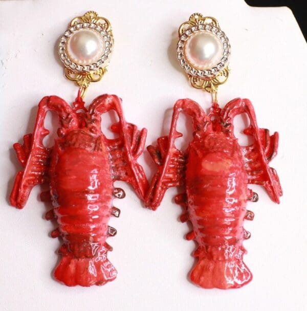 SOLD! 8517 Nautical Red Lobster Huge Beach Studs Earrings - Image 6