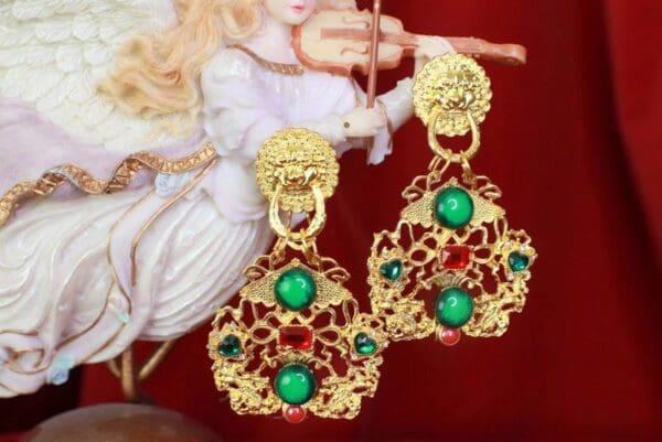 SOLD! 8520 Japanese Revival Gold Tone Green Red Studs Earrings