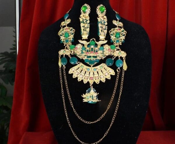 SOLD! 8521 China Cranes Fan Faces Genuine Green Onyx Long Minka Massive Necklace - Image 3