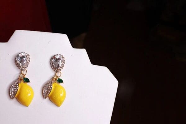 SOLD! 8525 Baroque Clear Rhinestones Lemon Fruit Studs Earrings - Image 4