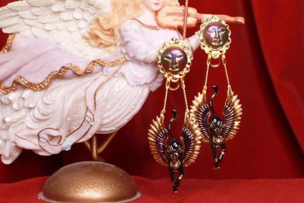 SOLD! 8526 Egyptian Revival Bastet Enamel Studs Earrings