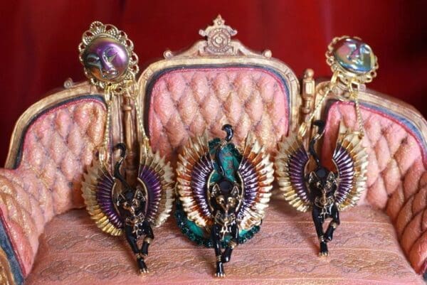 SOLD! 8526 Egyptian Revival Bastet Enamel Studs Earrings - Image 4