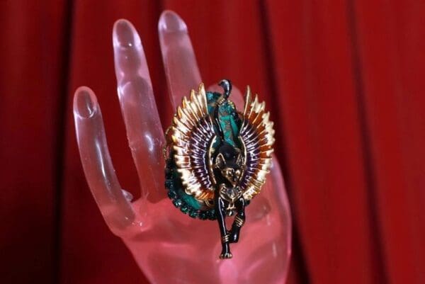 SOLD! 8527 Egyptian Revival Bastet Genuine Malachite Adjustable Cocktail Ring - Image 4