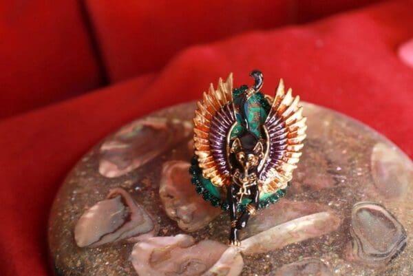 SOLD! 8527 Egyptian Revival Bastet Genuine Malachite Adjustable Cocktail Ring - Image 5
