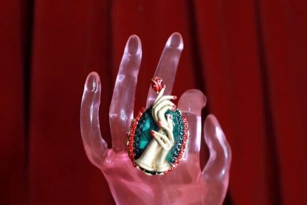 SOLD! 8531Art Deco Hands Genuine Malachite Adjustable Cocktail Ring - Image 2