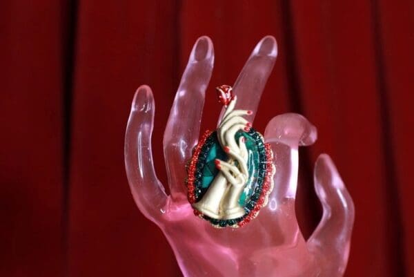 SOLD! 8531Art Deco Hands Genuine Malachite Adjustable Cocktail Ring - Image 3
