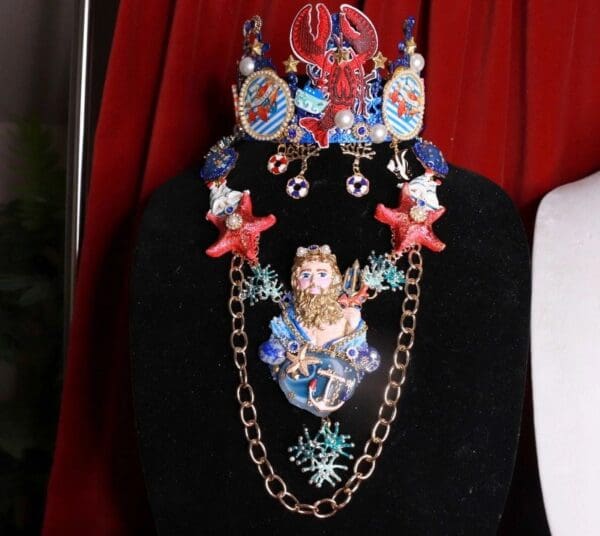 SOLD! 8536 Art Jewelry Set Of Mythological Poseidon Neptun Agate Necklace+ Earrings - Image 7