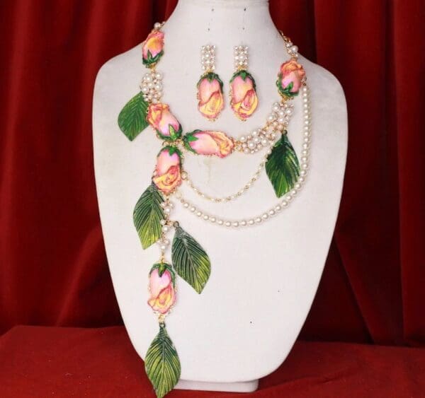 SOLD! 8542 Set Of Rose Flower Cabochon Pearl Necklace+ Earrings - Image 2