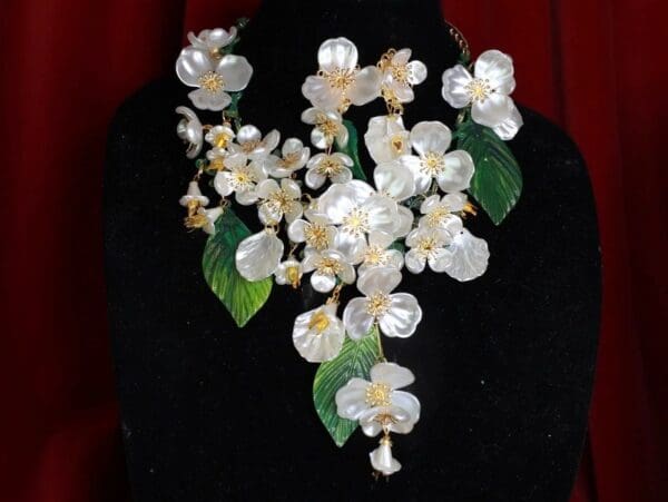 SOLD! 8543 Set Of Magnolia Flower Irregular Hand Painted Statement Necklace+ Earrings