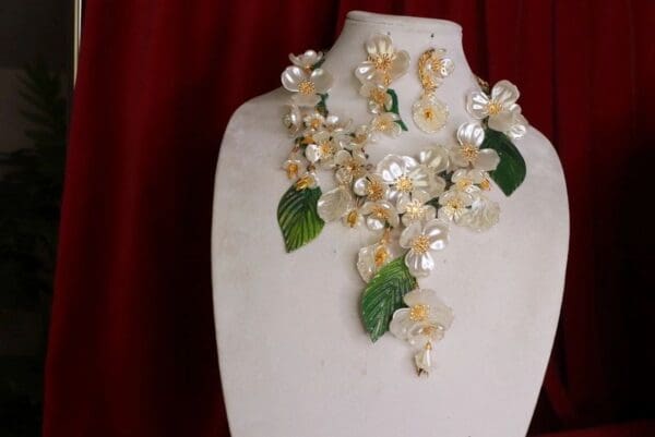 SOLD! 8543 Set Of Magnolia Flower Irregular Hand Painted Statement Necklace+ Earrings - Image 6