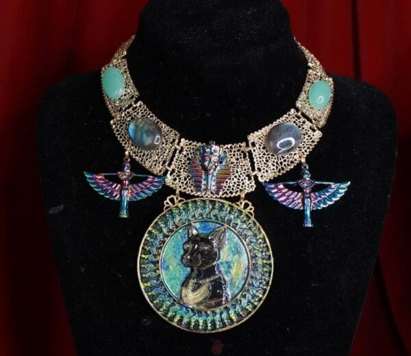 SOLD! 8544 Set Of Egyptian Revival Hand Painted Bastet Genuine Azurite Iridescent 3D Effect Statement Huge Necklace+ Earrings
