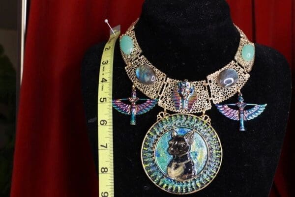 SOLD! 8544 Set Of Egyptian Revival Hand Painted Bastet Genuine Azurite Iridescent 3D Effect Statement Huge Necklace+ Earrings - Image 3
