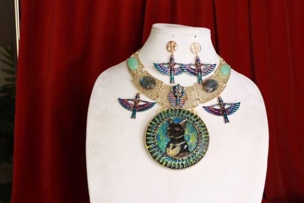 SOLD! 8544 Set Of Egyptian Revival Hand Painted Bastet Genuine Azurite Iridescent 3D Effect Statement Huge Necklace+ Earrings - Image 4