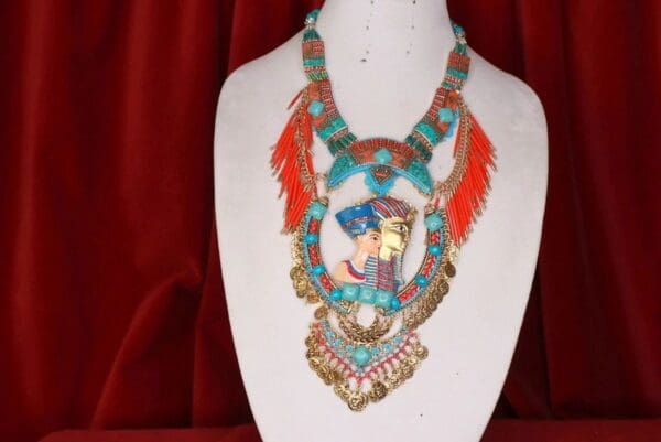 SOLD! 8545 Set Of Egyptian Revival Pharaoh Sterling Silver Genuine coral 3D Effect Statement Huge Necklace+ Earrings - Image 3