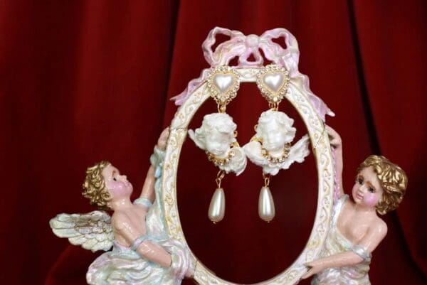 SOLD! 8546 Small Baroque White Bridal Chubby Cherubs Angels Clear Rhinestones Earrings - Image 3