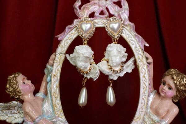 SOLD! 8546 Small Baroque White Bridal Chubby Cherubs Angels Clear Rhinestones Earrings