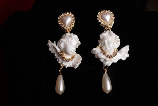 SOLD! 8546 Small Baroque White Bridal Chubby Cherubs Angels Clear Rhinestones Earrings - Image 4