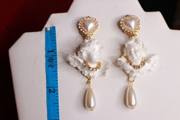 SOLD! 8546 Small Baroque White Bridal Chubby Cherubs Angels Clear Rhinestones Earrings - Image 5