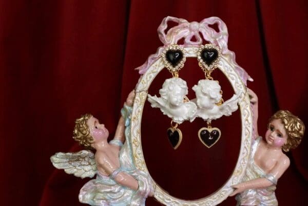 SOLD! 8547 Small Baroque White Bridal Chubby Cherubs Angels Black Heart Earrings