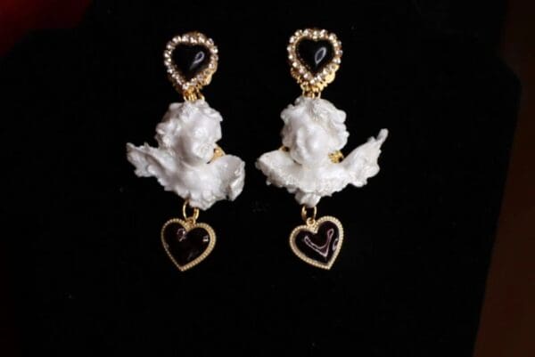 SOLD! 8547 Small Baroque White Bridal Chubby Cherubs Angels Black Heart Earrings - Image 2