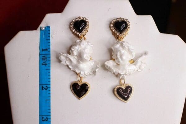 SOLD! 8547 Small Baroque White Bridal Chubby Cherubs Angels Black Heart Earrings - Image 6