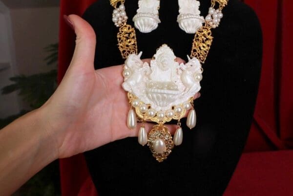 SOLD! 8550 Baroque Lion Fountain Unicorn Pearlish Massive Pendant Necklace - Image 6