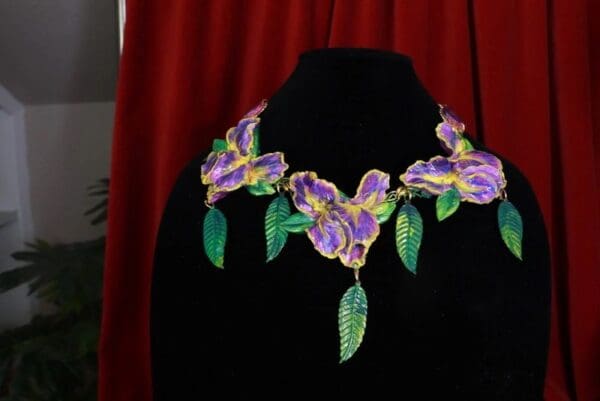SOLD! 8551Art Nouveau 3 Irises Flower Hand Painted Necklace - Image 2