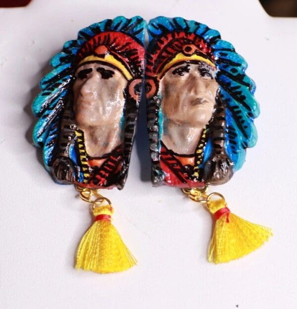 SOLD! 8557 Native Indian American Chief Hand Painted Light Weight Earrings - Image 6