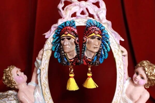 SOLD! 8557 Native Indian American Chief Hand Painted Light Weight Earrings