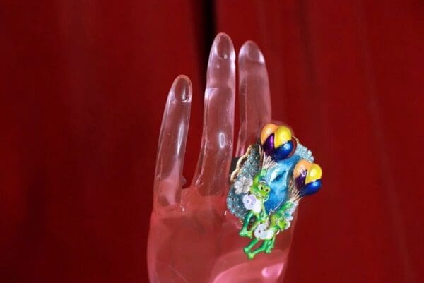 SOLD! 8565 Genuine Crysocolla Gemstones Adorable Frogs Balloon Adjustable Cocktail Ring - Image 2