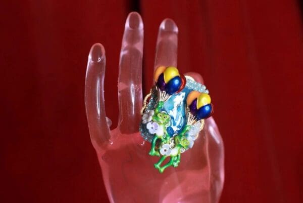 SOLD! 8565 Genuine Crysocolla Gemstones Adorable Frogs Balloon Adjustable Cocktail Ring - Image 3