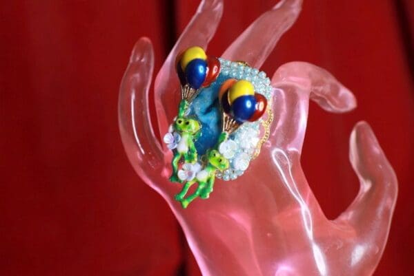 SOLD! 8565 Genuine Crysocolla Gemstones Adorable Frogs Balloon Adjustable Cocktail Ring - Image 4
