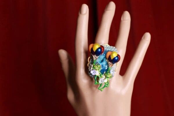 SOLD! 8565 Genuine Crysocolla Gemstones Adorable Frogs Balloon Adjustable Cocktail Ring - Image 5