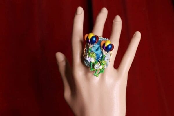 SOLD! 8565 Genuine Crysocolla Gemstones Adorable Frogs Balloon Adjustable Cocktail Ring - Image 6