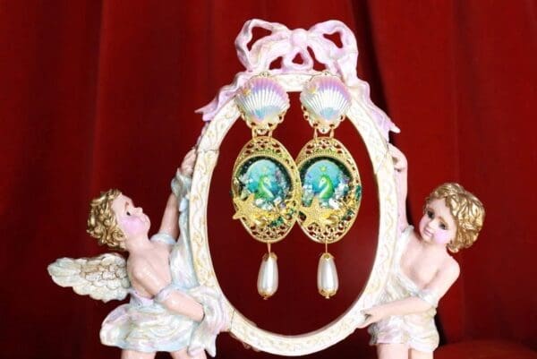 SOLD! 8570 Nautical Seahorse Cameo Long Pearl Shell Earrings - Image 2