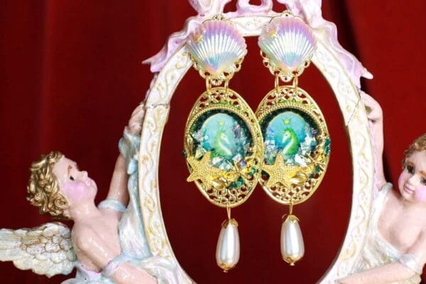 SOLD! 8570 Nautical Seahorse Cameo Long Pearl Shell Earrings